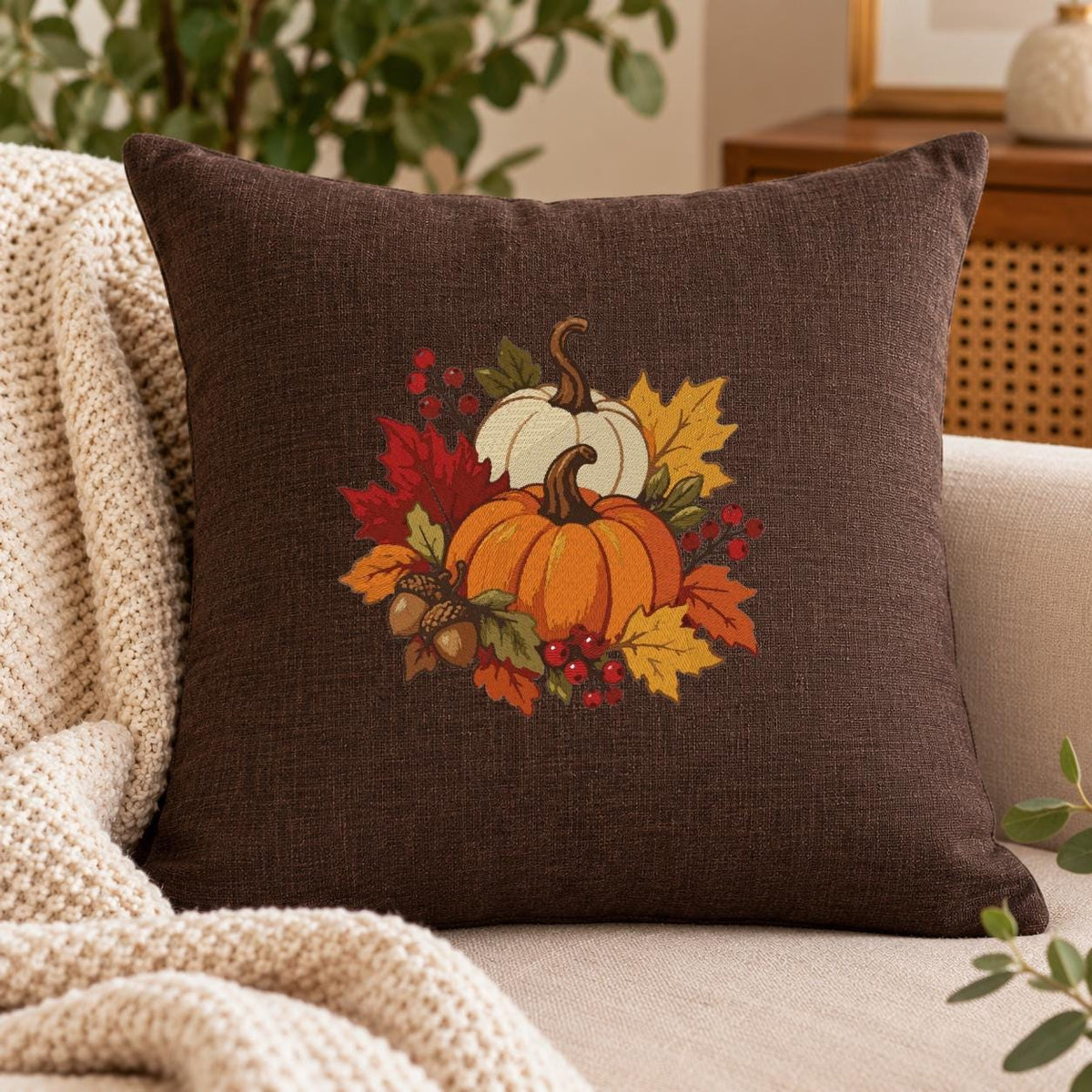 Fall Pumpkin Machine Embroidery Design, Orange White Pumpkins Autumn Leaves Acorns, Thanksgiving PES DST JEF, Instant Download - NuttyHappyHobby