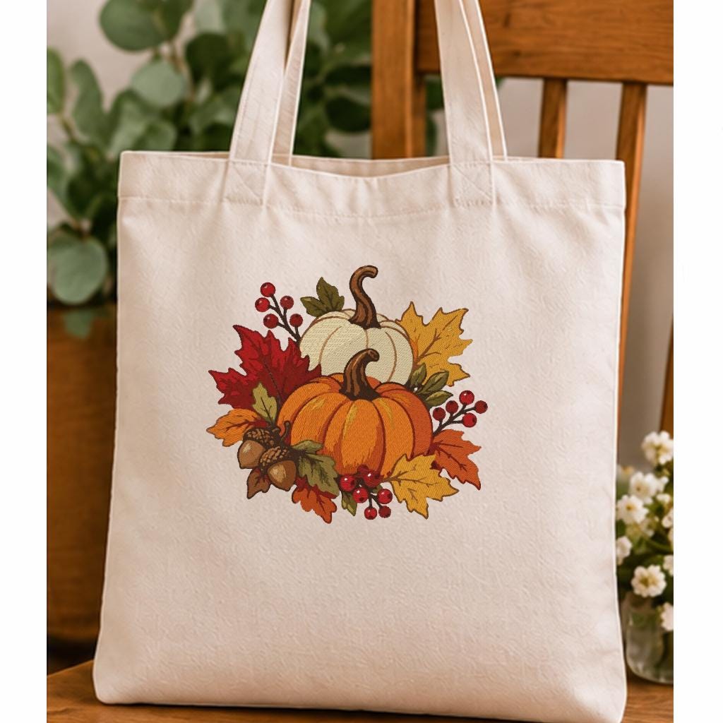 Fall Pumpkin Machine Embroidery Design, Orange White Pumpkins Autumn Leaves Acorns, Thanksgiving PES DST JEF, Instant Download - NuttyHappyHobby