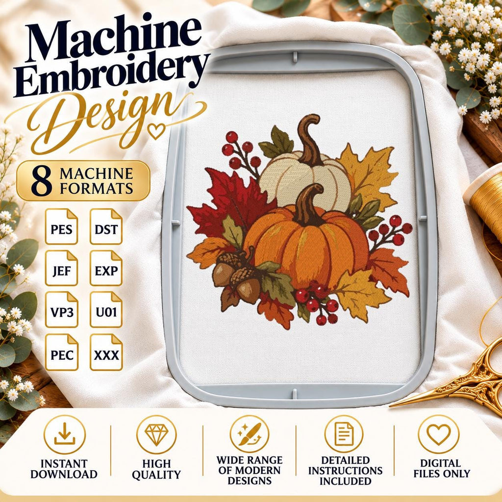 Fall Pumpkin Machine Embroidery Design, Orange White Pumpkins Autumn Leaves Acorns, Thanksgiving PES DST JEF, Instant Download - NuttyHappyHobby