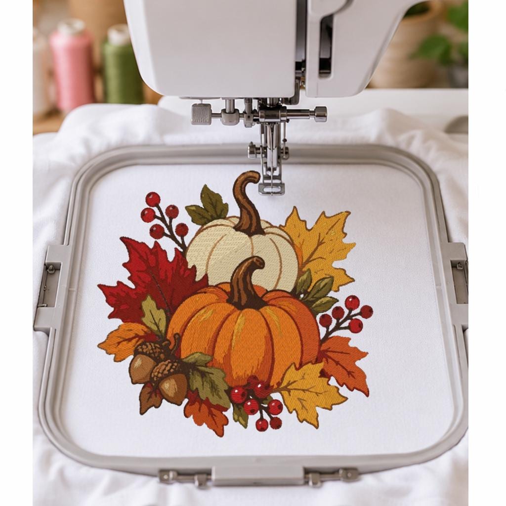 Fall Pumpkin Machine Embroidery Design, Orange White Pumpkins Autumn Leaves Acorns, Thanksgiving PES DST JEF, Instant Download - NuttyHappyHobby