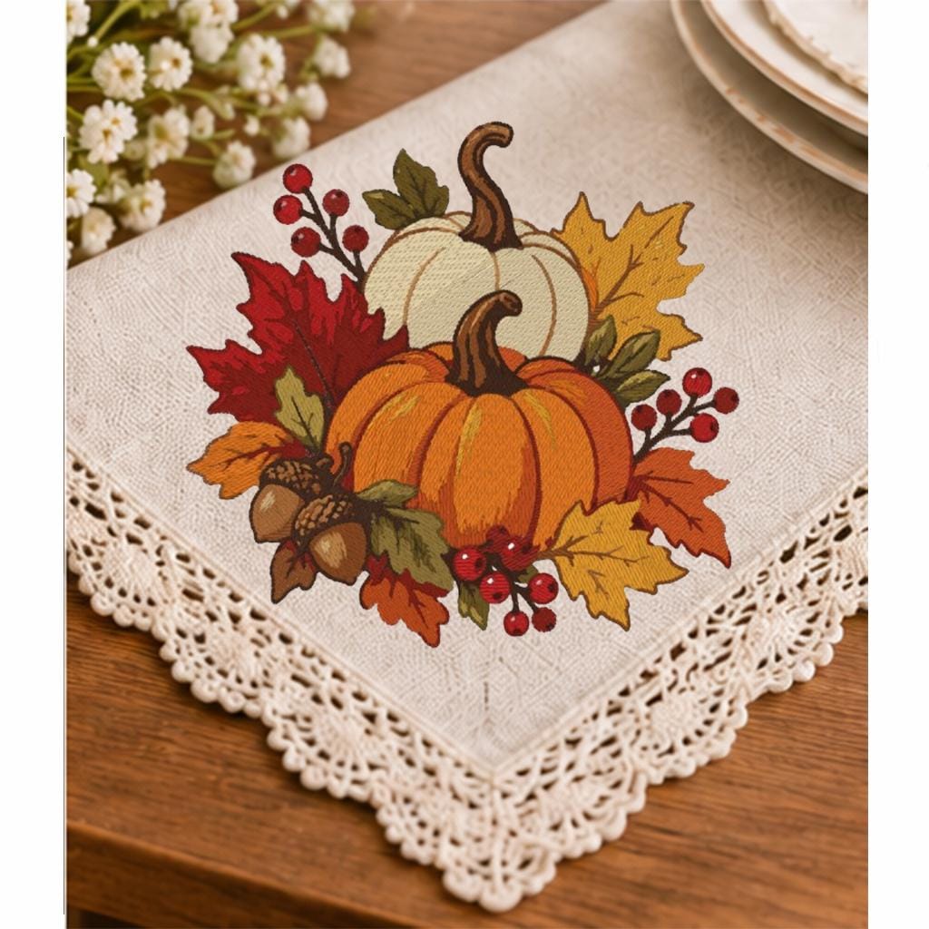 Fall Pumpkin Machine Embroidery Design, Orange White Pumpkins Autumn Leaves Acorns, Thanksgiving PES DST JEF, Instant Download - NuttyHappyHobby