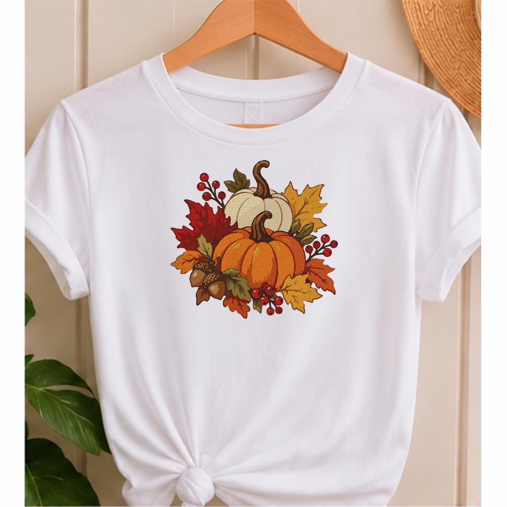 Fall Pumpkin Machine Embroidery Design, Orange White Pumpkins Autumn Leaves Acorns, Thanksgiving PES DST JEF, Instant Download - NuttyHappyHobby