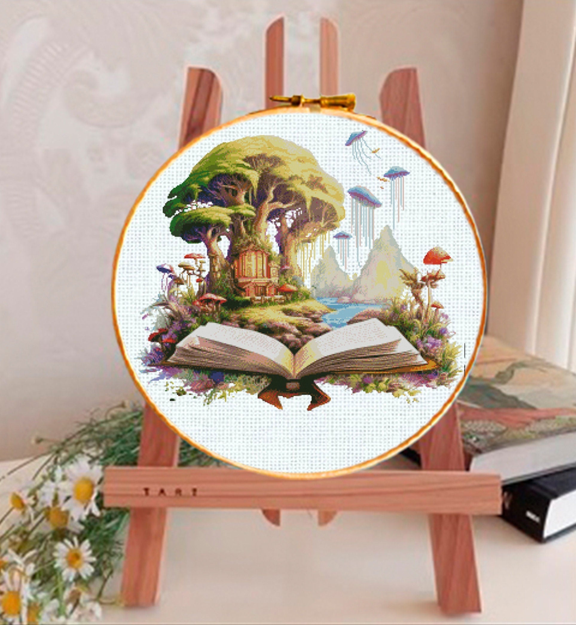 Fantasy Book Cross Stitch Pattern PDF, Magic Book World Embroidery Design, Fairy Tale Landscape Cross Stitch, Fantasy Book Cross Stitch pdf - NuttyHappyHobby