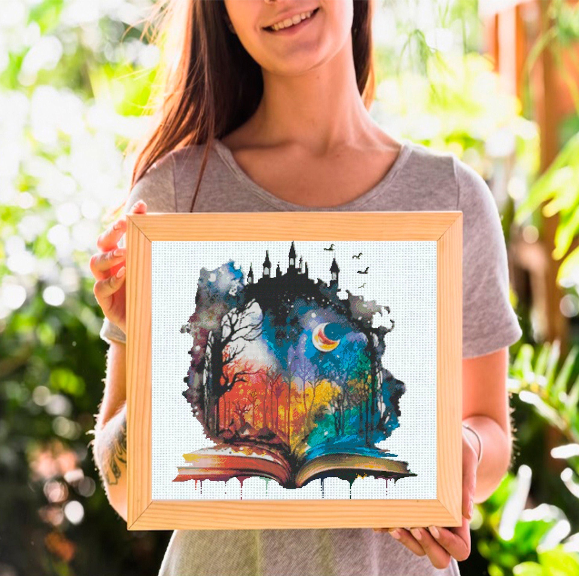 Fantasy Book Cross Stitch Pattern PDF, Magical World Book Embroidery Design, Fantasy Landscape Cross Stitch Book Lover Cross Stitch Download - NuttyHappyHobby