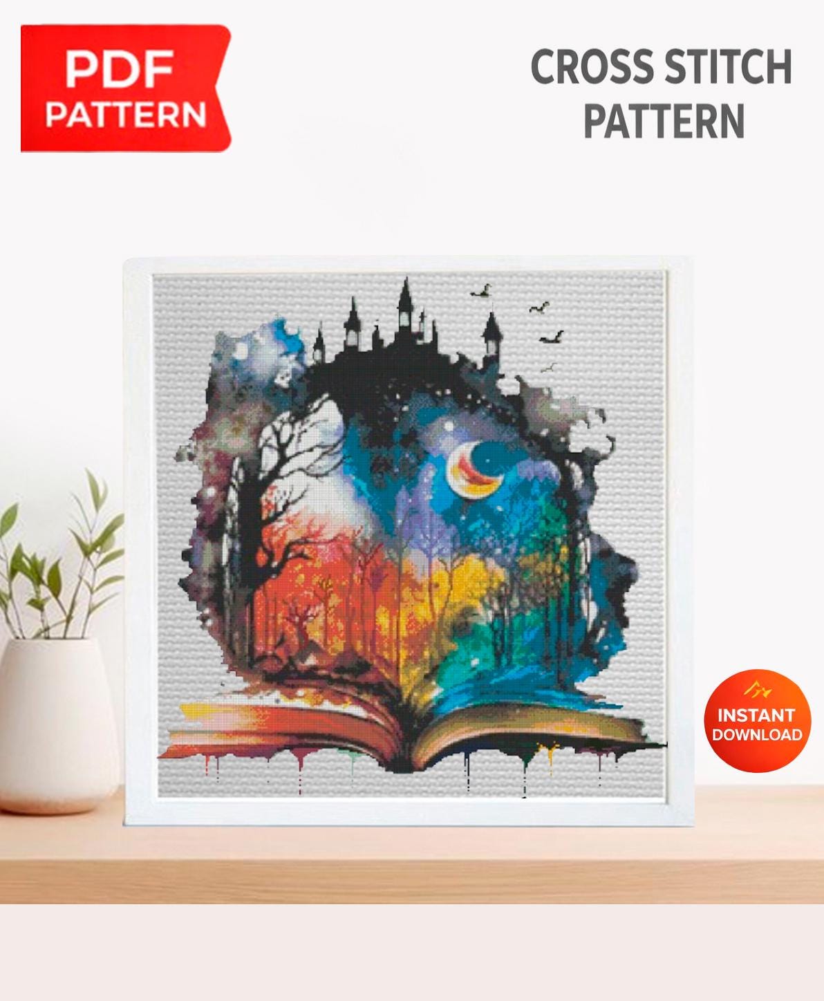 Fantasy Book Cross Stitch Pattern PDF, Magical World Book Embroidery Design, Fantasy Landscape Cross Stitch Book Lover Cross Stitch Download - NuttyHappyHobby