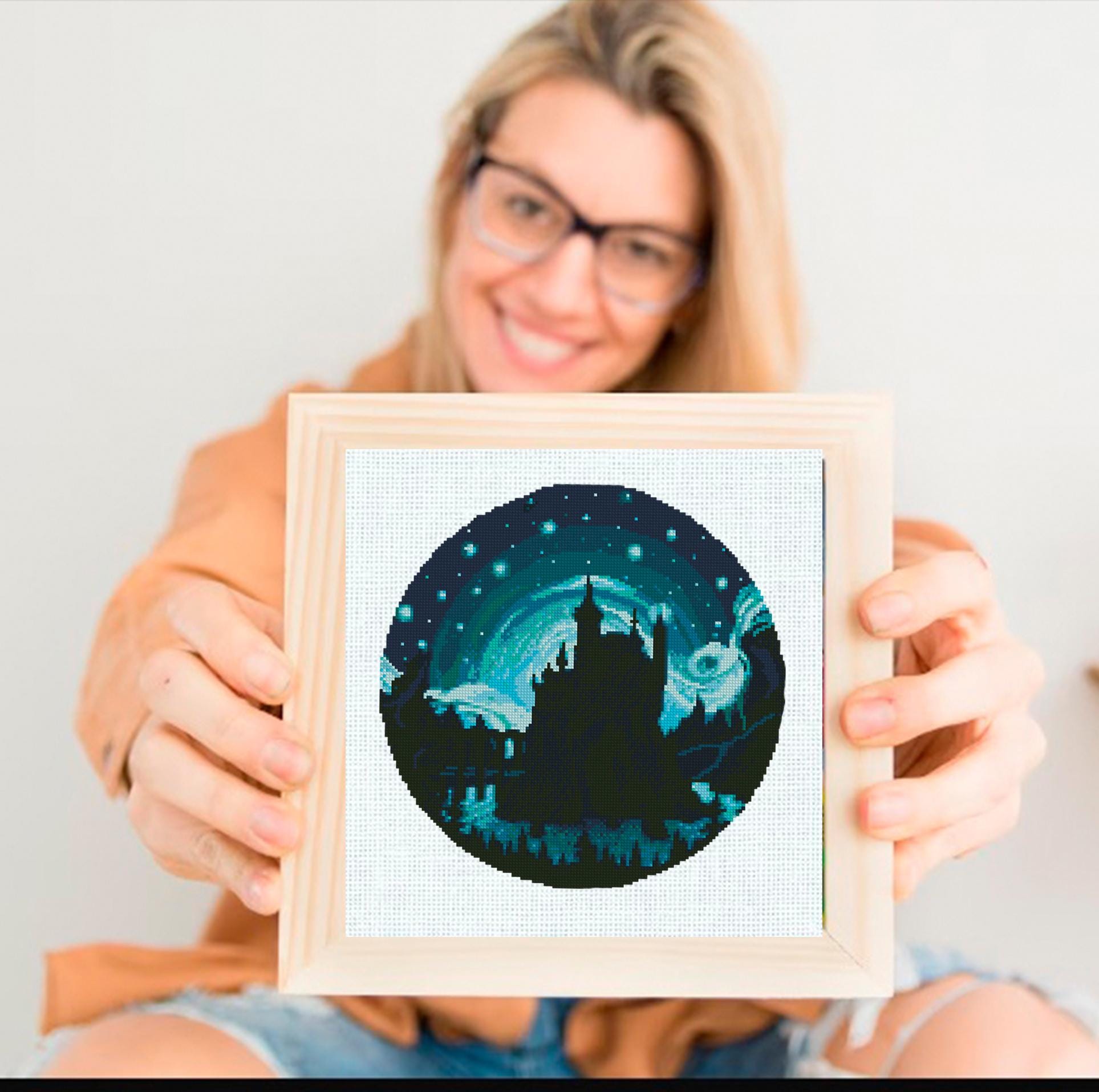 Fantasy Castle Cross Stitch Pattern PDF, Magical Night Sky Embroidery Design, Gothic Castle Landscape Modern Cross Stitch Digital Download - NuttyHappyHobby