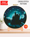 Fantasy Castle Cross Stitch Pattern PDF, Magical Night Sky Embroidery Design, Gothic Castle Landscape Modern Cross Stitch Digital Download - NuttyHappyHobby