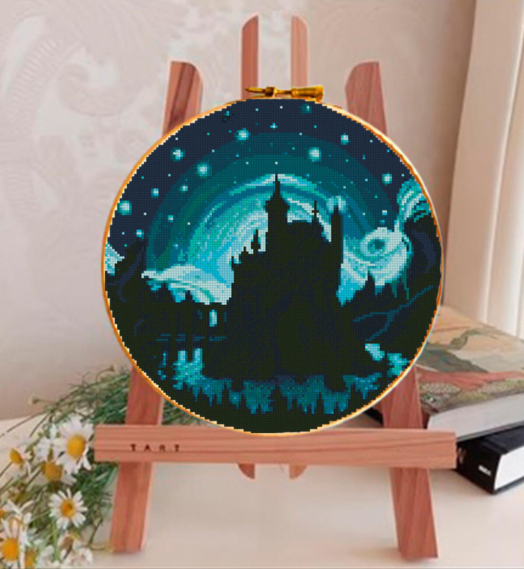 Fantasy Castle Cross Stitch Pattern PDF, Magical Night Sky Embroidery Design, Gothic Castle Landscape Modern Cross Stitch Digital Download - NuttyHappyHobby