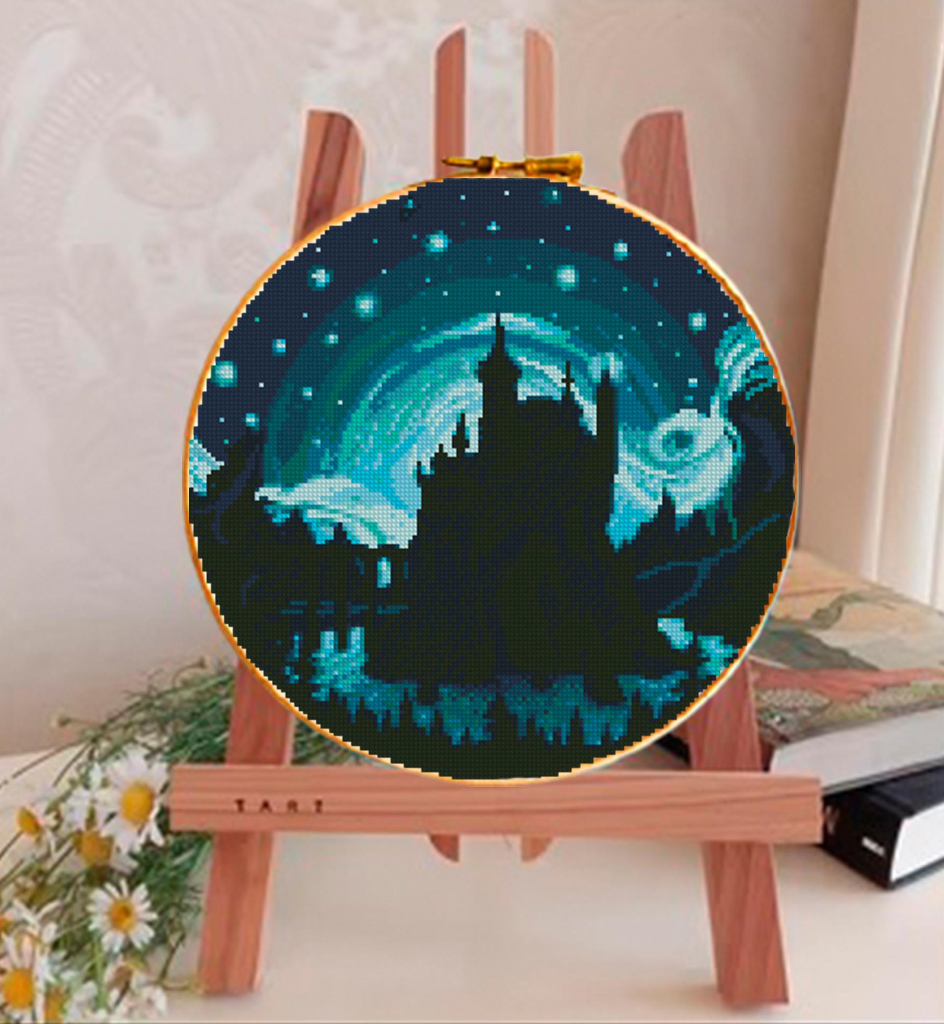 Fantasy Castle Cross Stitch Pattern PDF, Magical Night Sky Embroidery Design, Gothic Castle Landscape Modern Cross Stitch Digital Download - NuttyHappyHobby