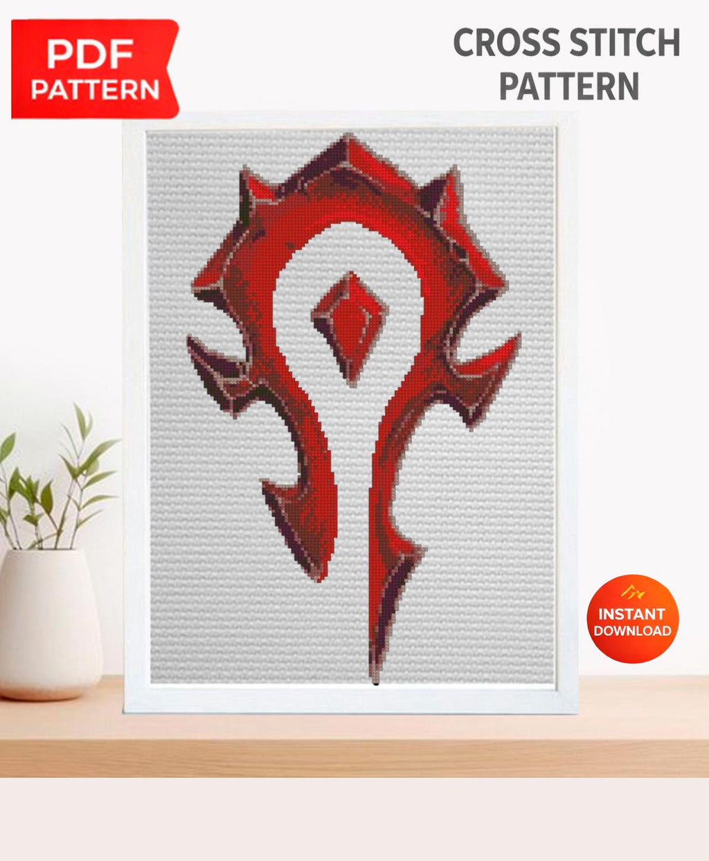 Fantasy Faction Emblem Cross Stitch Pattern PDF, Horde Style Gamer Embroidery Design, MMORPG Inspired Symbol Needlepoint Chart, download - NuttyHappyHobby