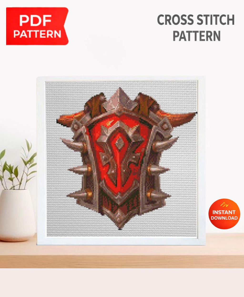 Fantasy Horde Style Shield Cross Stitch Pattern PDF, Dark Faction Gamer Emblem Embroidery Design, MMORPG Inspired Needlepoint Chart,download - NuttyHappyHobby