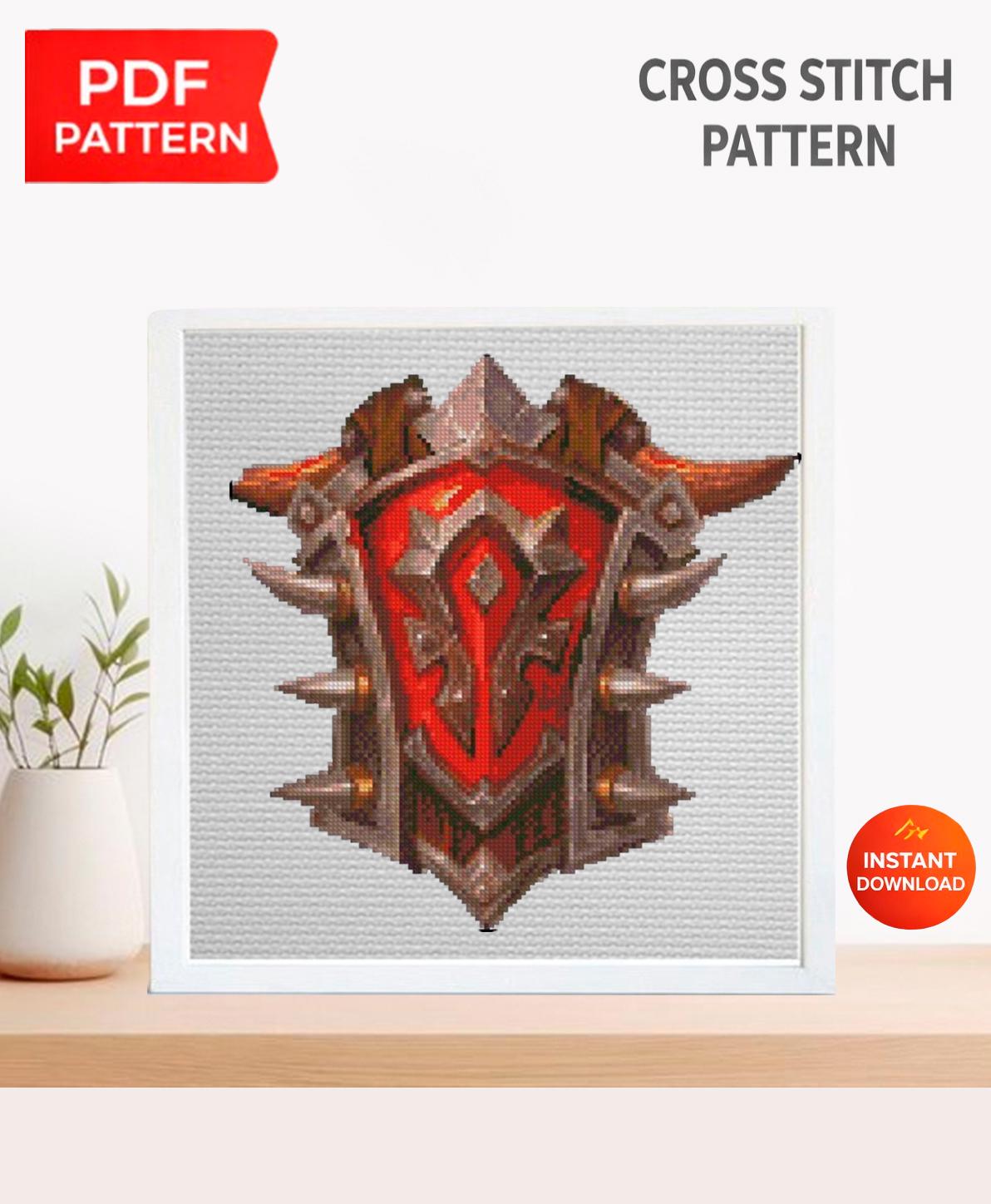 Fantasy Horde Style Shield Cross Stitch Pattern PDF, Dark Faction Gamer Emblem Embroidery Design, MMORPG Inspired Needlepoint Chart,download - NuttyHappyHobby
