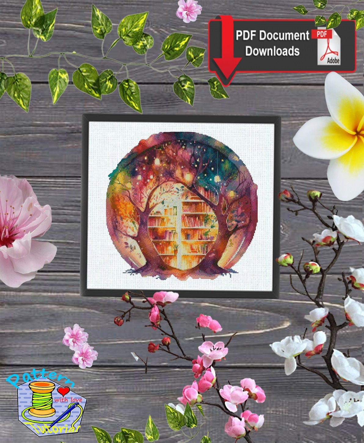 Fantasy Library Cross Stitch Pattern PDF, Magic Book Library Embroidery Design, Book Lover Cross Stitch, Magical Reading Stitch Download - NuttyHappyHobby