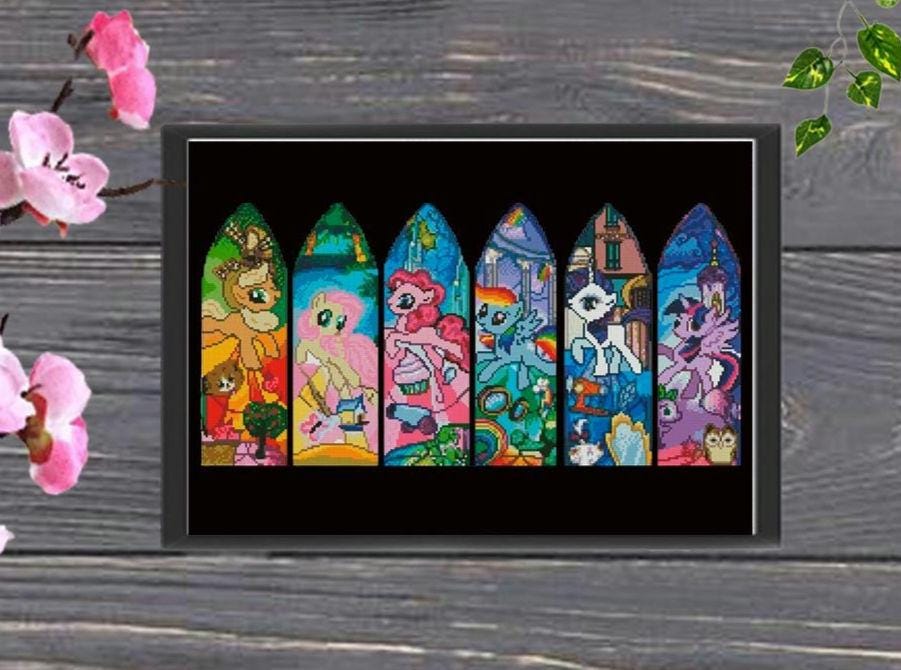 Fantasy Pony Stained Glass Cross Stitch Pattern PDF, Colorful Pony Window Embroidery Design, Cartoon Pony Cross Stitch, 90s cartoons - NuttyHappyHobby