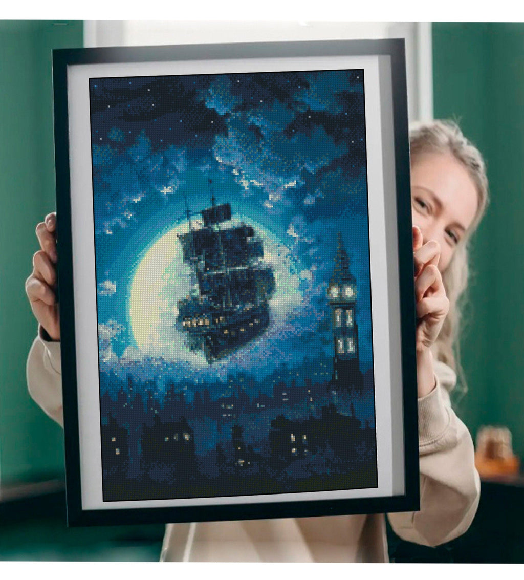 Fantasy Ship Cross Stitch Pattern PDF, Moonlight Sailing Ship Embroidery Design, Magical Night Sea Cross Stitch, Fantasy Ocean Ship Download - NuttyHappyHobby