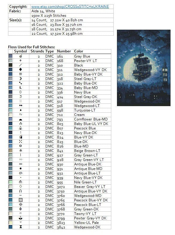 Fantasy Ship Cross Stitch Pattern PDF, Moonlight Sailing Ship Embroidery Design, Magical Night Sea Cross Stitch, Fantasy Ocean Ship Download - NuttyHappyHobby