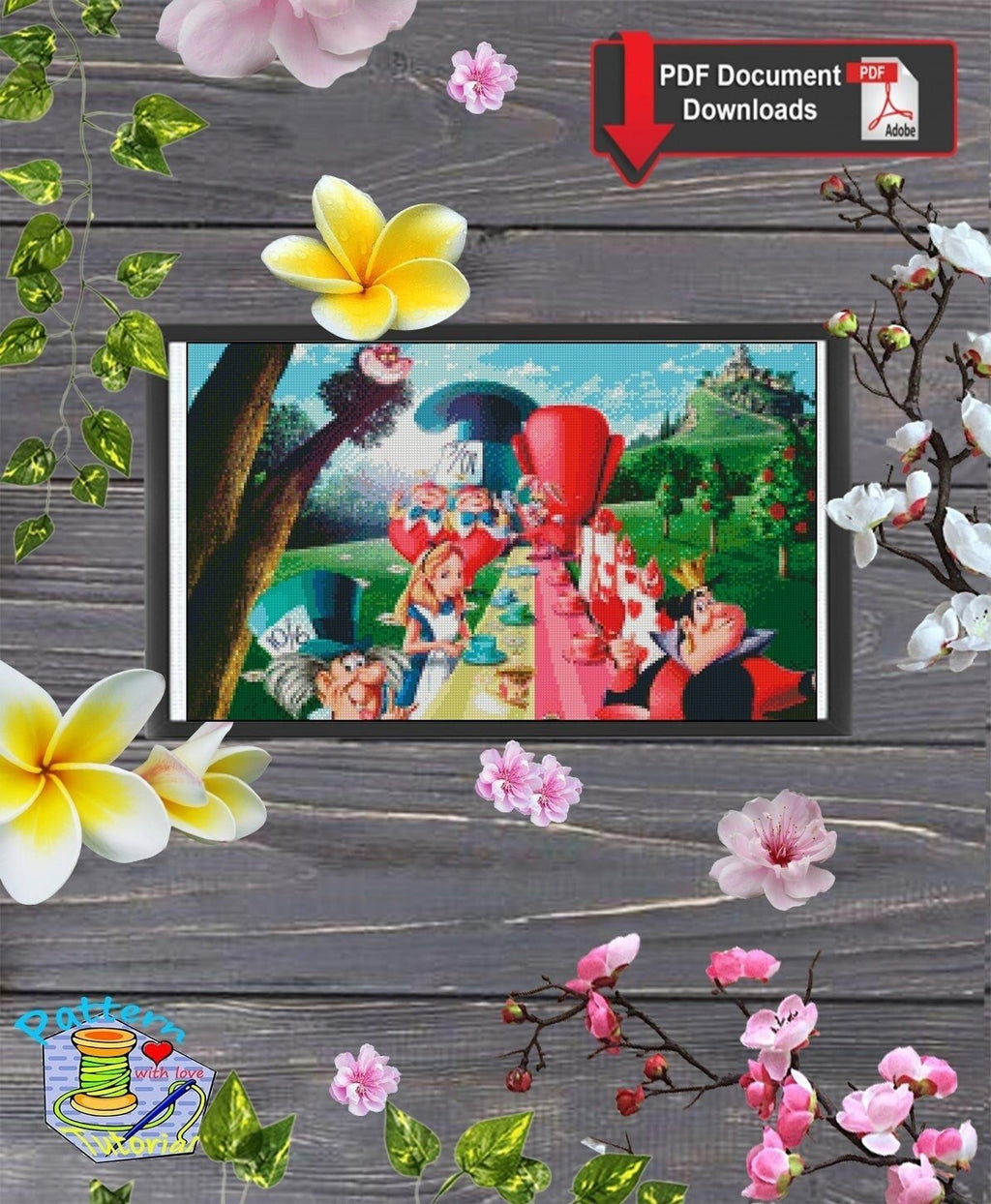 Fantasy Tea Party Cross Stitch Pattern PDF, Wonderland Tea Scene Embroidery Design, Magical Story Cross Stitch Chart, 90s cartoons, download - NuttyHappyHobby
