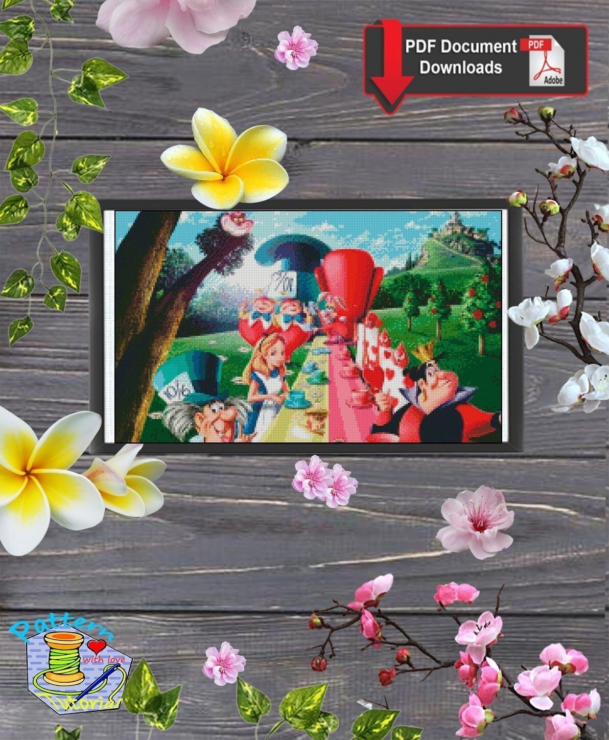 Fantasy Tea Party Cross Stitch Pattern PDF, Wonderland Tea Scene Embroidery Design, Magical Story Cross Stitch Chart, 90s cartoons, download - NuttyHappyHobby