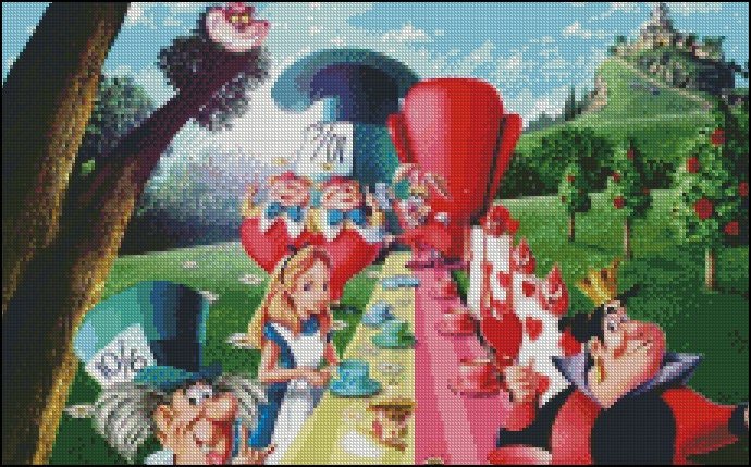Fantasy Tea Party Cross Stitch Pattern PDF, Wonderland Tea Scene Embroidery Design, Magical Story Cross Stitch Chart, 90s cartoons, download - NuttyHappyHobby
