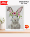 Floral Bunny Cross Stitch Pattern PDF, Cute Rabbit Embroidery Design, Spring Bunny Cross Stitch, Easter Bunny Pattern, Instant Download pdf - NuttyHappyHobby