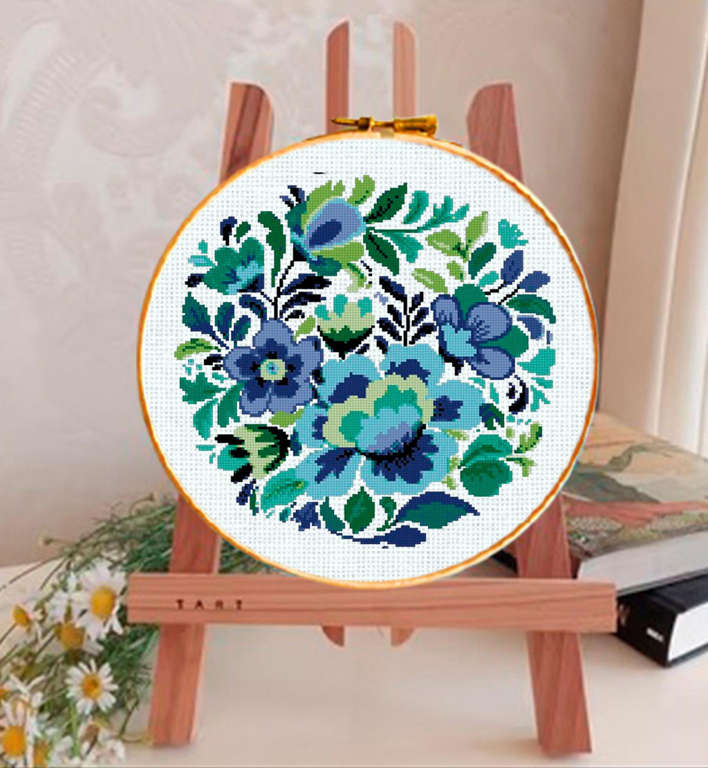 Floral Cross Stitch Pattern PDF, Blue Flower Embroidery Design, Modern Botanical Cross Stitch Chart, Round Hoop Needlework, Instant Download - NuttyHappyHobby