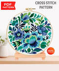 Floral Cross Stitch Pattern PDF, Blue Flower Embroidery Design, Modern Botanical Cross Stitch Chart, Round Hoop Needlework, Instant Download - NuttyHappyHobby