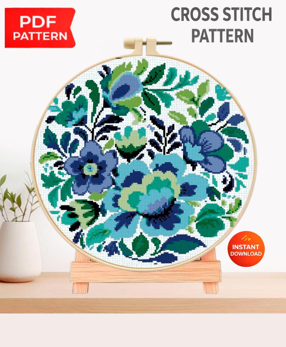 Floral Cross Stitch Pattern PDF, Blue Flower Embroidery Design, Modern Botanical Cross Stitch Chart, Round Hoop Needlework, Instant Download - NuttyHappyHobby