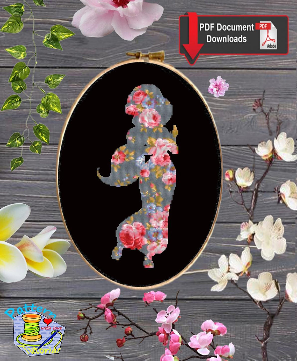 Floral Jasmine Cross Stitch Pattern PDF, Arabian Princess Silhouette Embroidery Design, Flower Princess Fantasy Needlework, Elegant Jasmine - NuttyHappyHobby