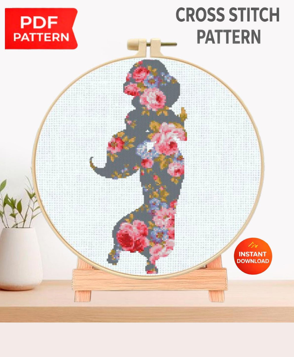 Floral Jasmine Cross Stitch Pattern PDF, Arabian Princess Silhouette Embroidery Design, Flower Princess Fantasy Needlework, Elegant Jasmine - NuttyHappyHobby
