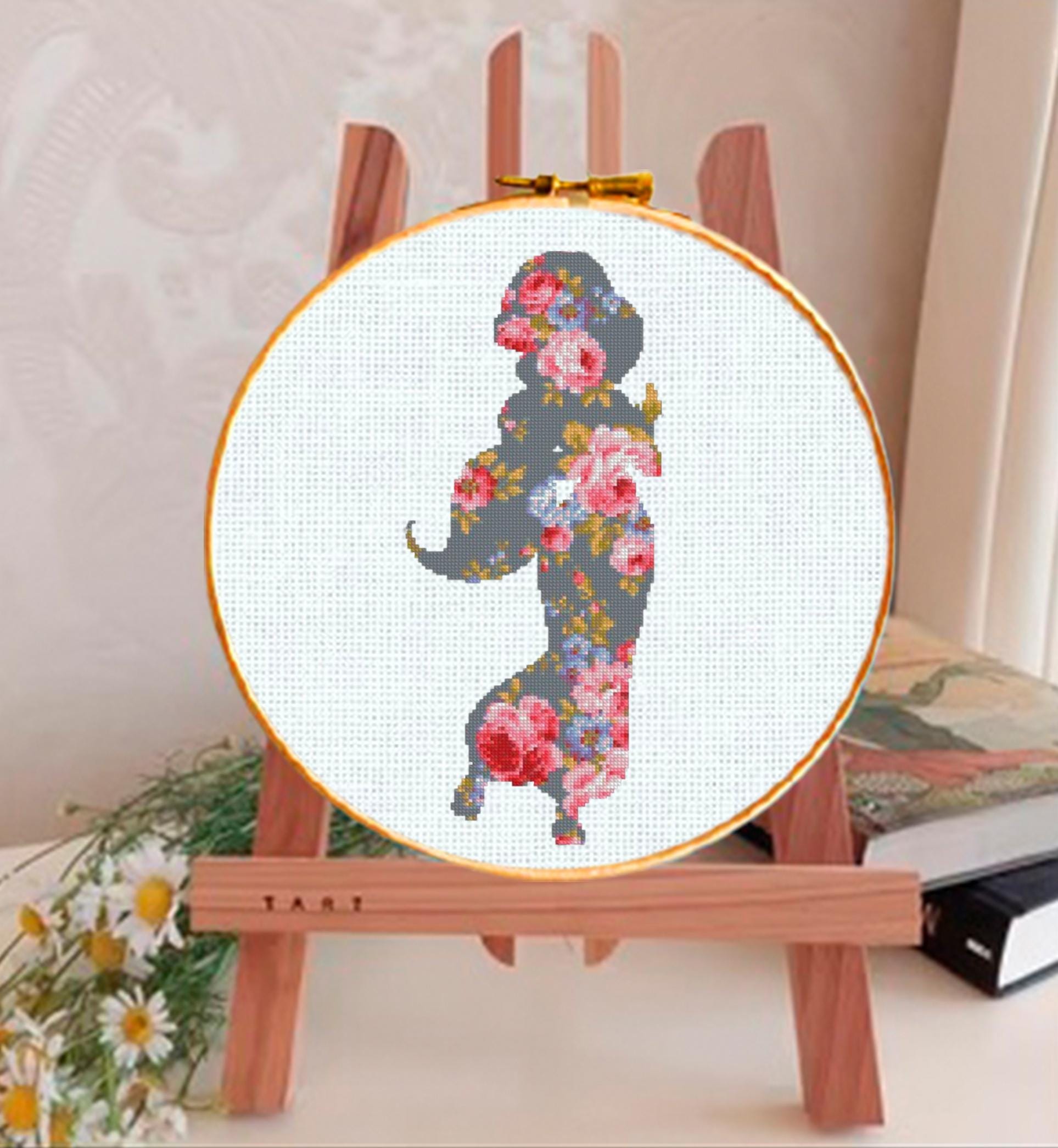 Floral Jasmine Cross Stitch Pattern PDF, Arabian Princess Silhouette Embroidery Design, Flower Princess Fantasy Needlework, Elegant Jasmine - NuttyHappyHobby
