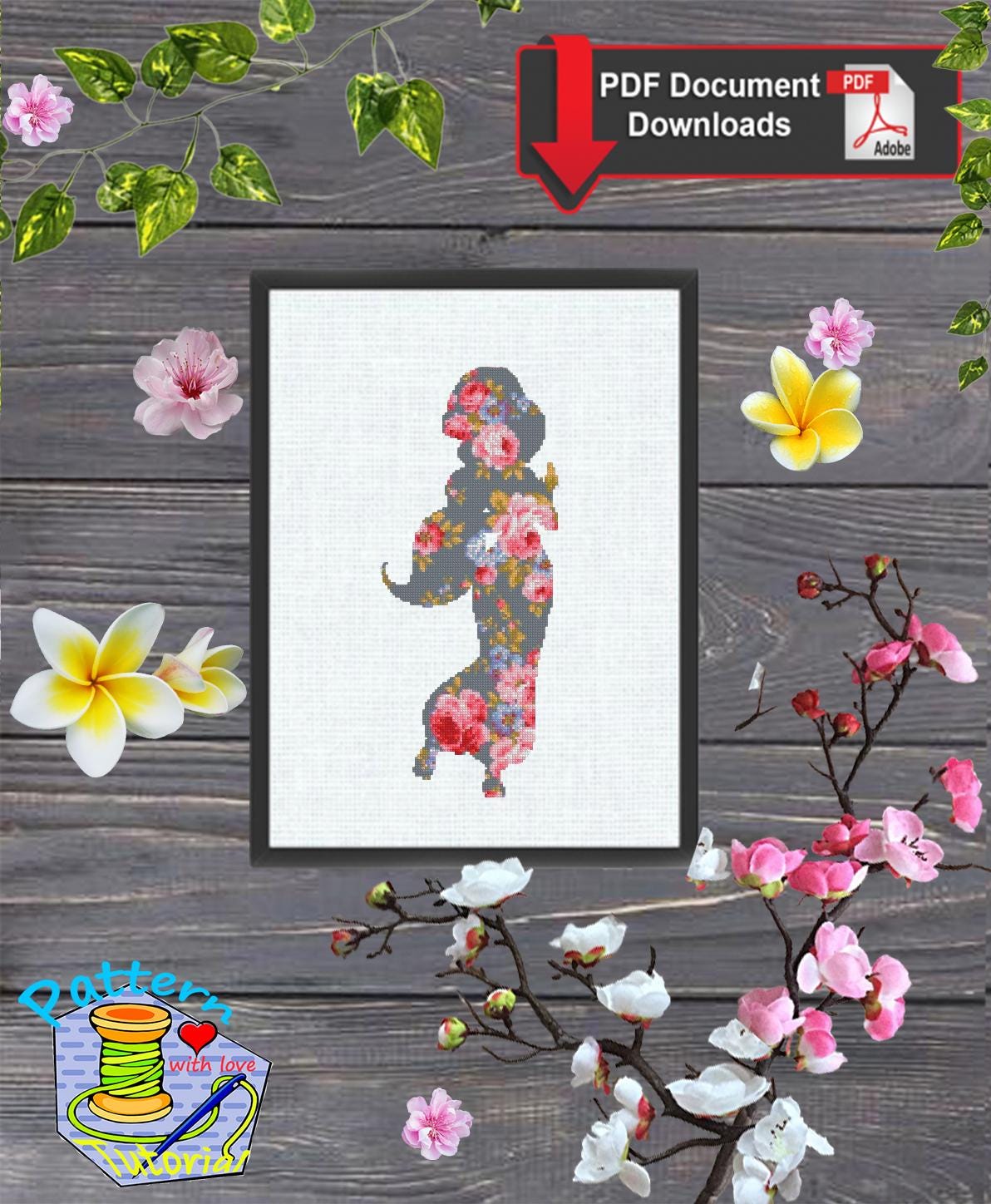 Floral Jasmine Cross Stitch Pattern PDF, Arabian Princess Silhouette Embroidery Design, Flower Princess Fantasy Needlework, Elegant Jasmine - NuttyHappyHobby