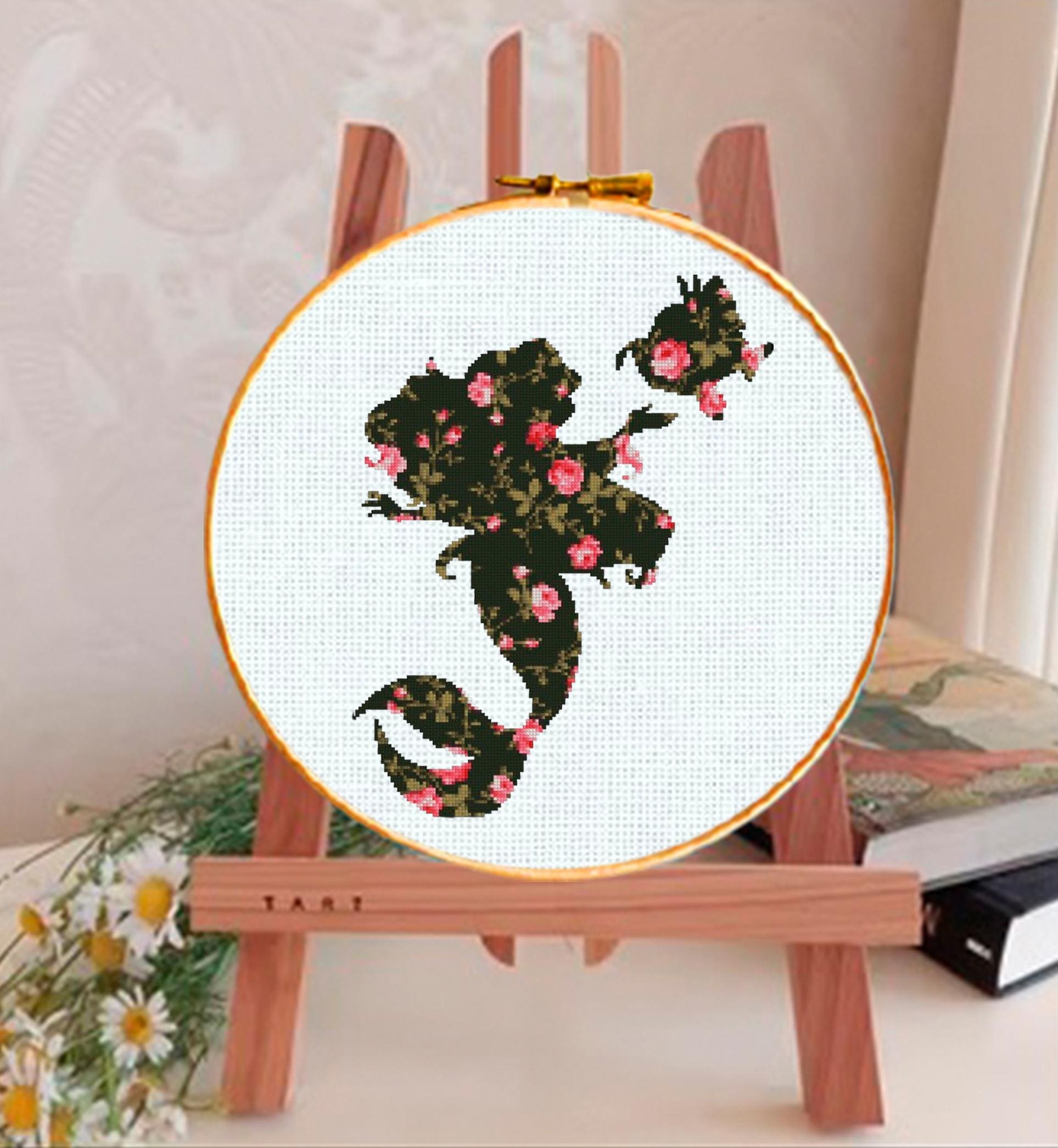 Floral Mermaid Cross Stitch Pattern PDF, Botanical Mermaid Embroidery Design, Ocean Mermaid Silhouette Needlework, Fantasy Sea Pattern, 90s - NuttyHappyHobby