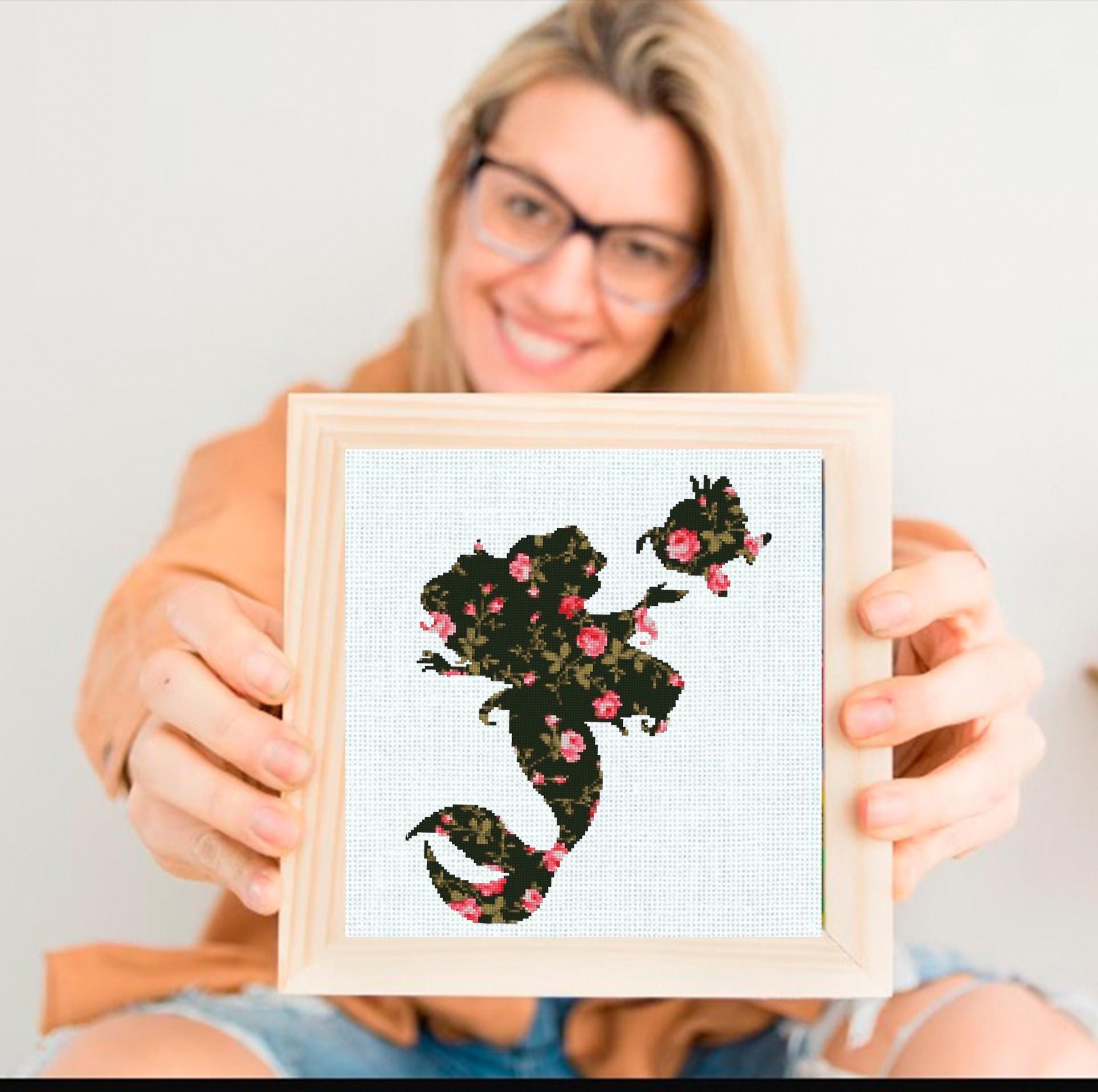 Floral Mermaid Cross Stitch Pattern PDF, Botanical Mermaid Embroidery Design, Ocean Mermaid Silhouette Needlework, Fantasy Sea Pattern, 90s - NuttyHappyHobby