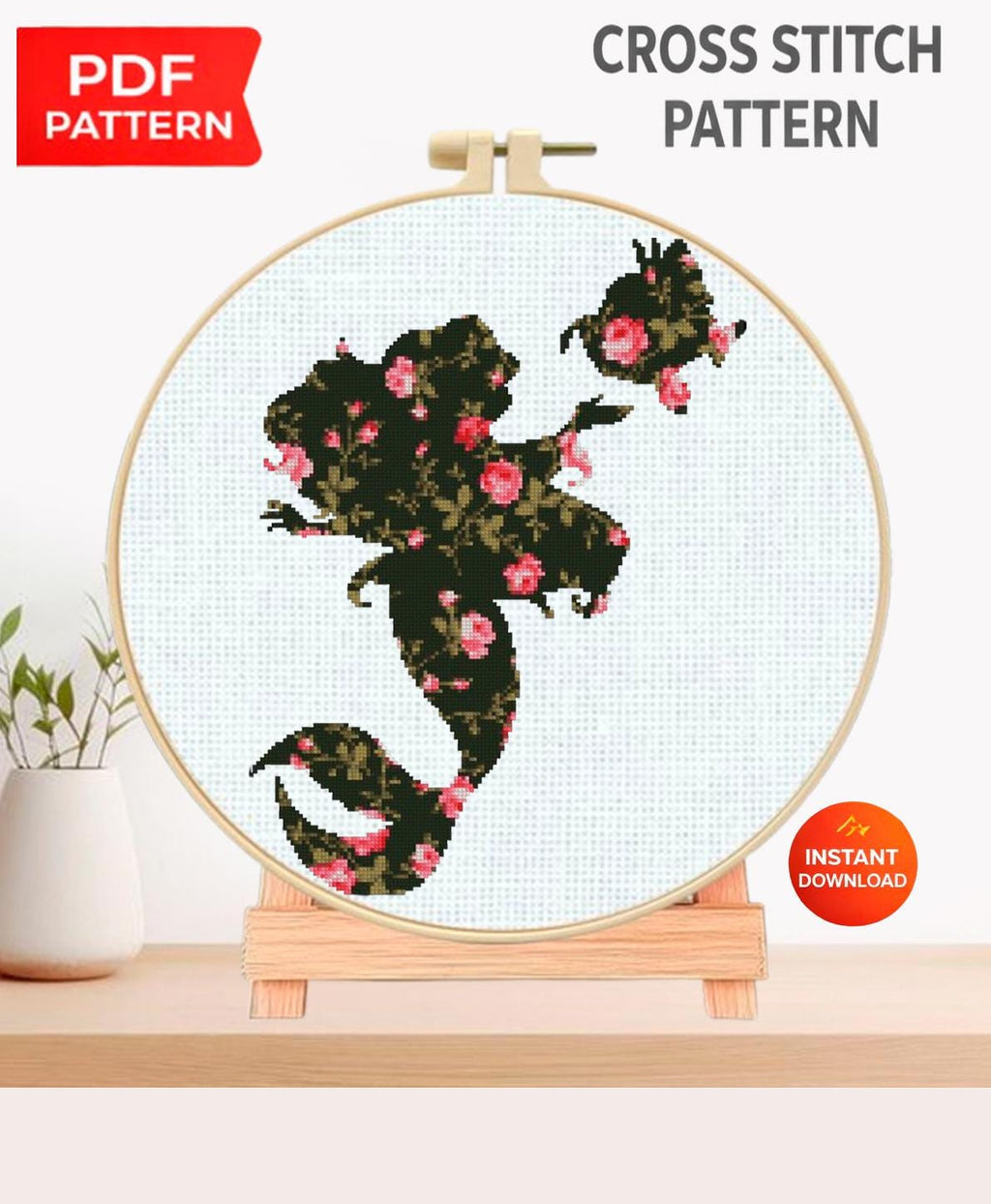 Floral Mermaid Cross Stitch Pattern PDF, Botanical Mermaid Embroidery Design, Ocean Mermaid Silhouette Needlework, Fantasy Sea Pattern, 90s - NuttyHappyHobby