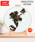 Floral Mermaid Cross Stitch Pattern PDF, Botanical Mermaid Embroidery Design, Ocean Mermaid Silhouette Needlework, Fantasy Sea Pattern, 90s - NuttyHappyHobby