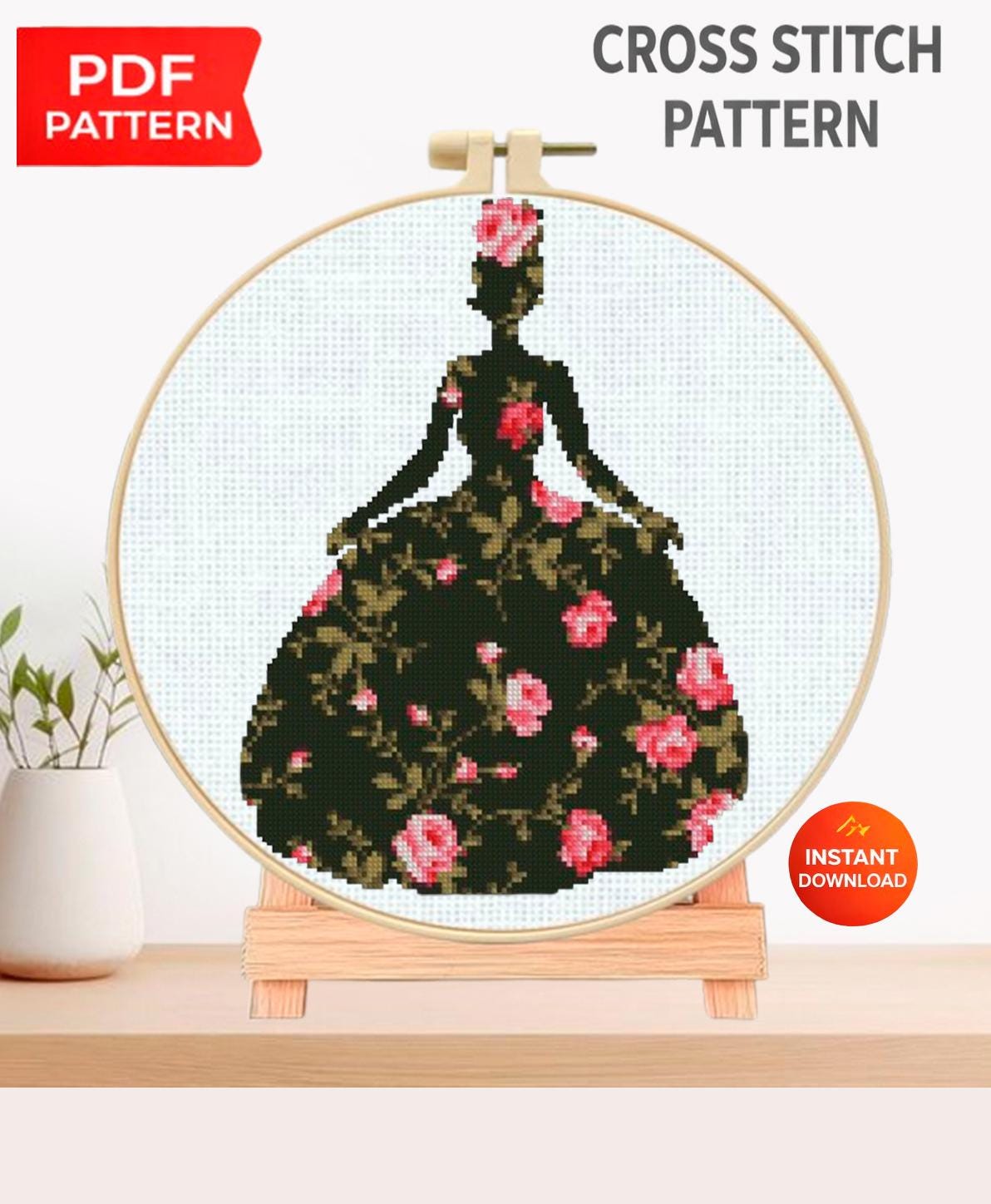 Floral Princess Cross Stitch Pattern PDF, Botanical Princess Silhouette Embroidery Design, Flower Dress Fantasy Needlework, Elegant Princess - NuttyHappyHobby