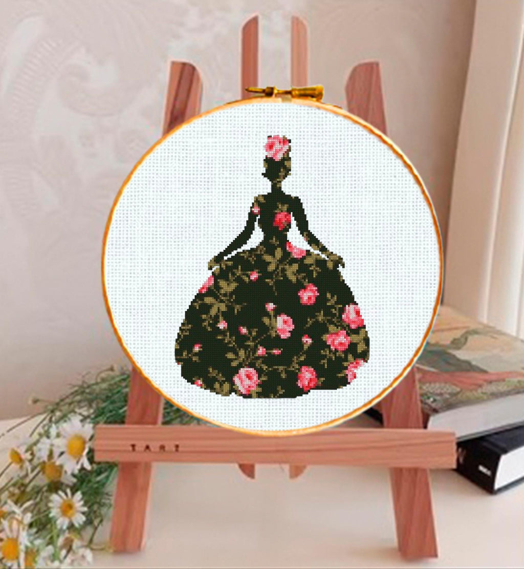 Floral Princess Cross Stitch Pattern PDF, Botanical Princess Silhouette Embroidery Design, Flower Dress Fantasy Needlework, Elegant Princess - NuttyHappyHobby