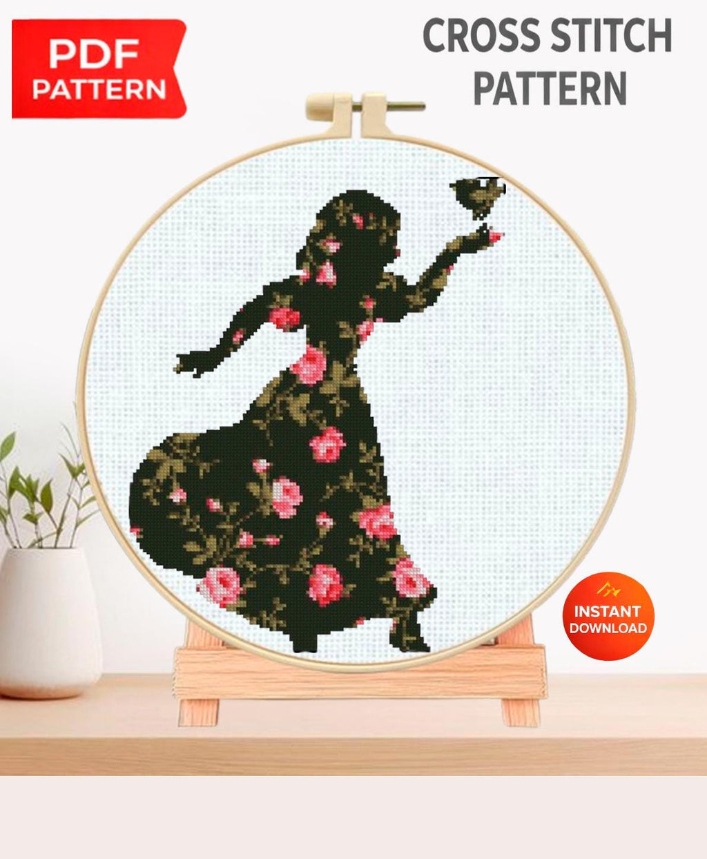 Floral Princess with Bird Cross Stitch Pattern PDF, Botanical Princess Silhouette Embroidery Design, Flower Needlework, Fairy Tale Princess - NuttyHappyHobby