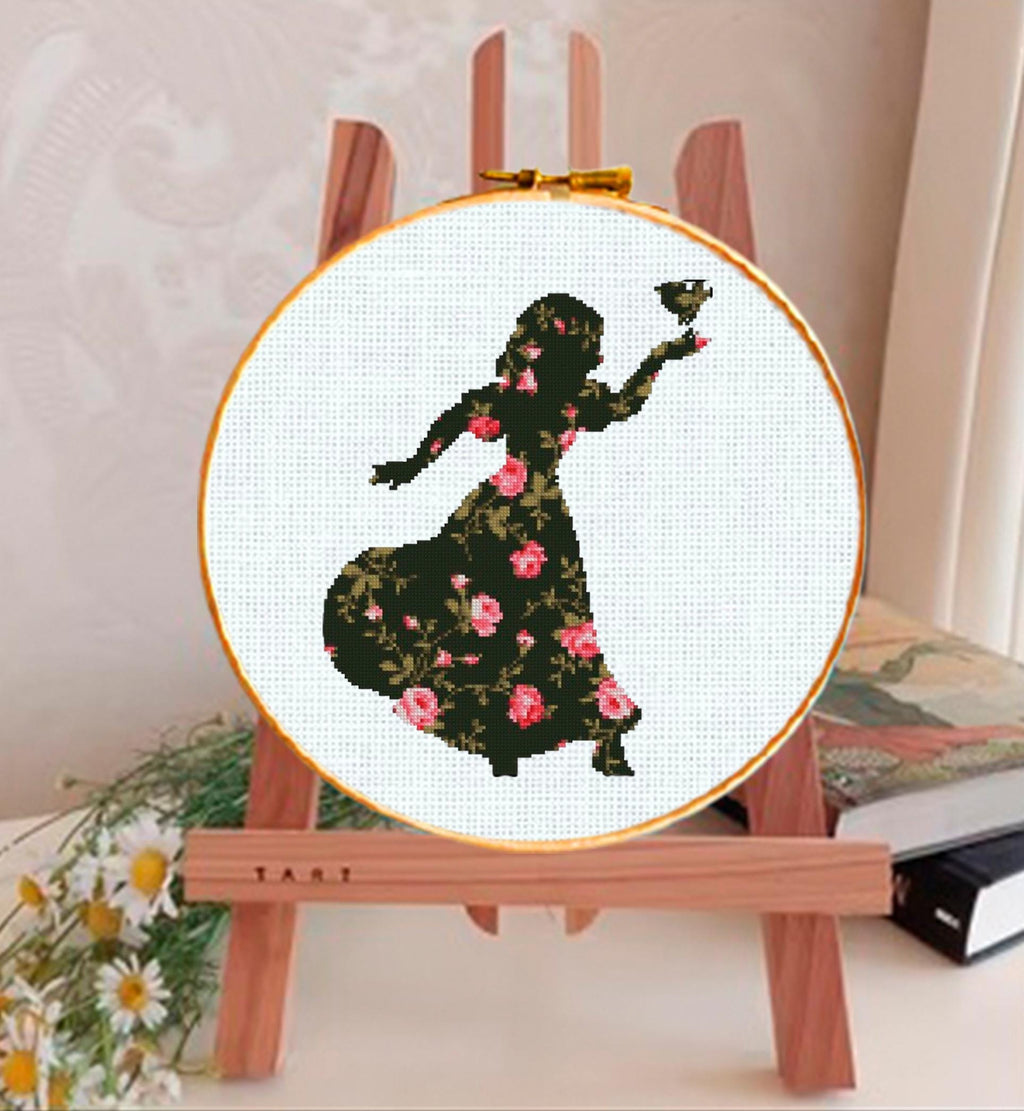 Floral Princess with Bird Cross Stitch Pattern PDF, Botanical Princess Silhouette Embroidery Design, Flower Needlework, Fairy Tale Princess - NuttyHappyHobby