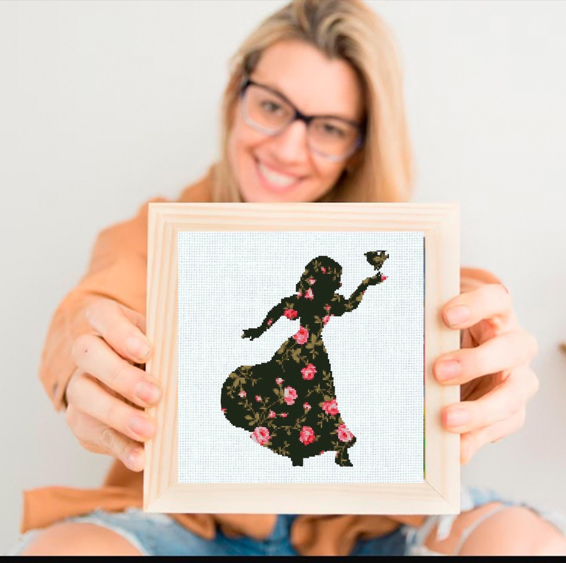 Floral Princess with Bird Cross Stitch Pattern PDF, Botanical Princess Silhouette Embroidery Design, Flower Needlework, Fairy Tale Princess - NuttyHappyHobby