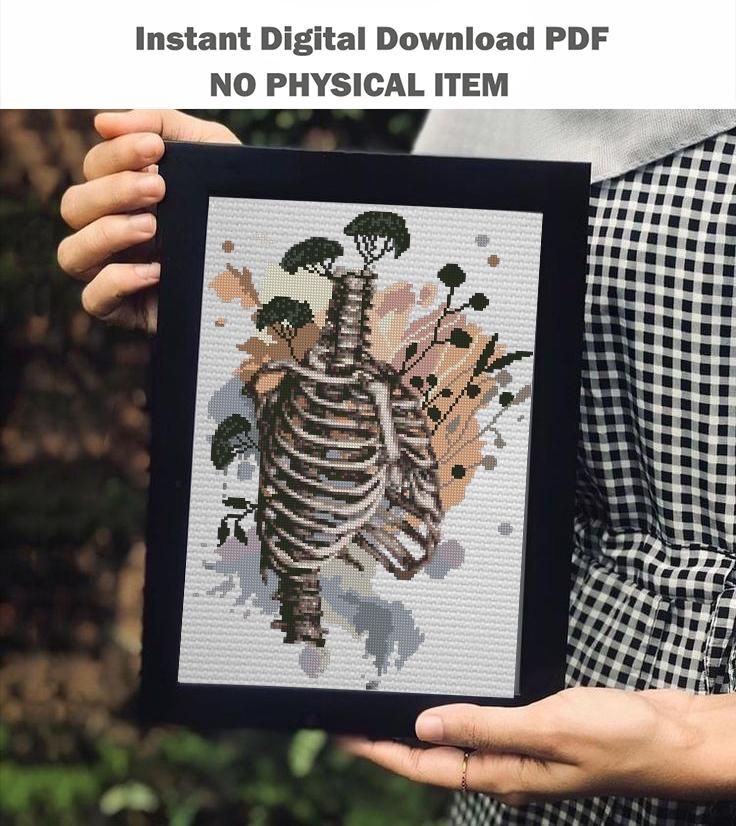 Cross Rib Pattern Floral Rib Cage Cross Stitch Pattern PDF, Botanical Skeleton Embroider ...