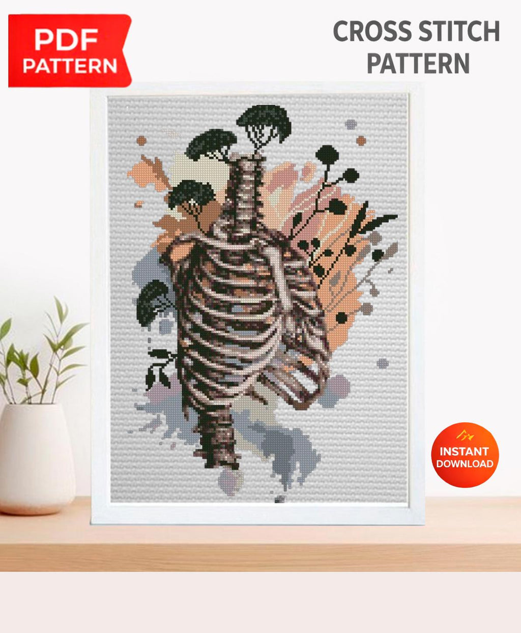 Floral Rib Cage Cross Stitch Pattern PDF, Botanical Skeleton Embroidery Design, Gothic Anatomy Wall Art Download - NuttyHappyHobby