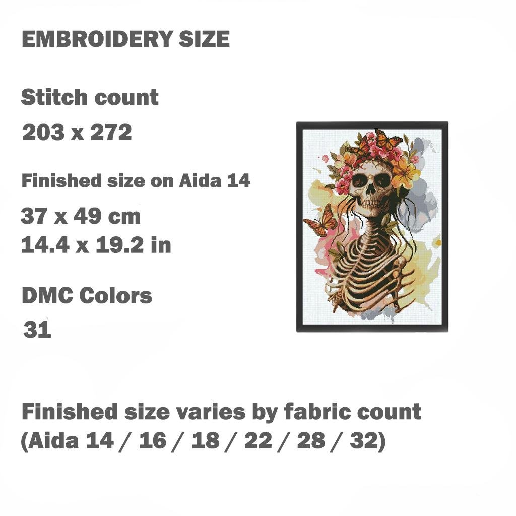 Floral Skeleton Cross Stitch Pattern PDF, Gothic Rib Cage Embroidery Design, Botanical Skull Art, Dark Academia Decor Download - NuttyHappyHobby