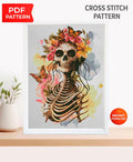 Floral Skeleton Cross Stitch Pattern PDF, Gothic Rib Cage Embroidery Design, Botanical Skull Art, Dark Academia Decor Download - NuttyHappyHobby