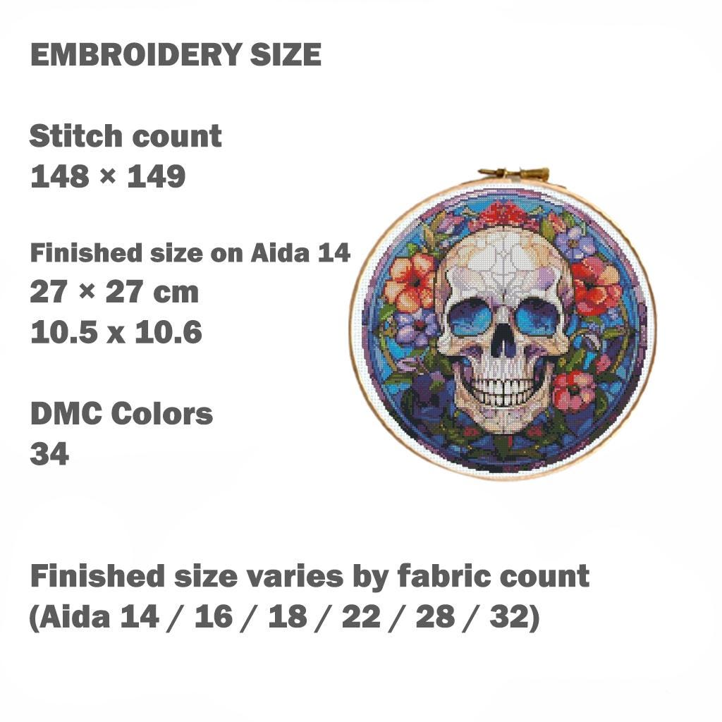 Floral Skull Cross Stitch Pattern PDF, Colorful Sugar Skull Embroidery Chart, Gothic Anatomy Art, Day of the Dead Decor, Instant Download - NuttyHappyHobby