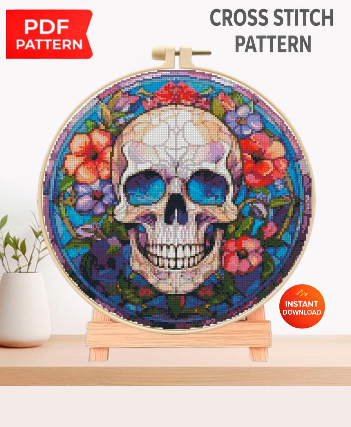Floral Skull Cross Stitch Pattern PDF, Colorful Sugar Skull Embroidery Chart, Gothic Anatomy Art, Day of the Dead Decor, Instant Download - NuttyHappyHobby
