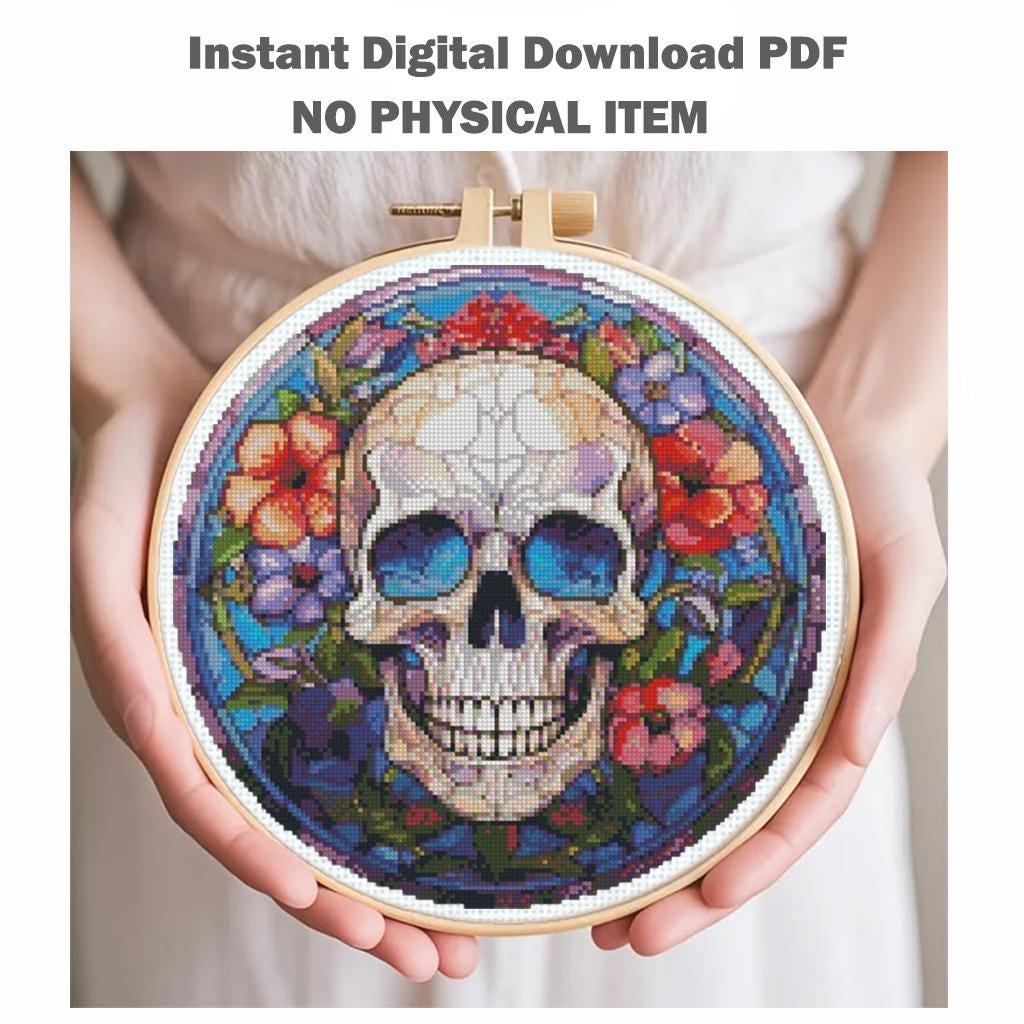 Floral Skull Cross Stitch Pattern PDF, Colorful Sugar Skull Embroidery Chart, Gothic Anatomy Art, Day of the Dead Decor, Instant Download - NuttyHappyHobby