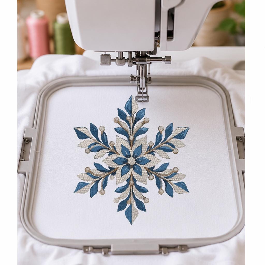 Floral Snowflake Machine Embroidery Design, Blue Christmas Snowflake, Winter PES DST JEF Embroidery File, Instant Download - NuttyHappyHobby