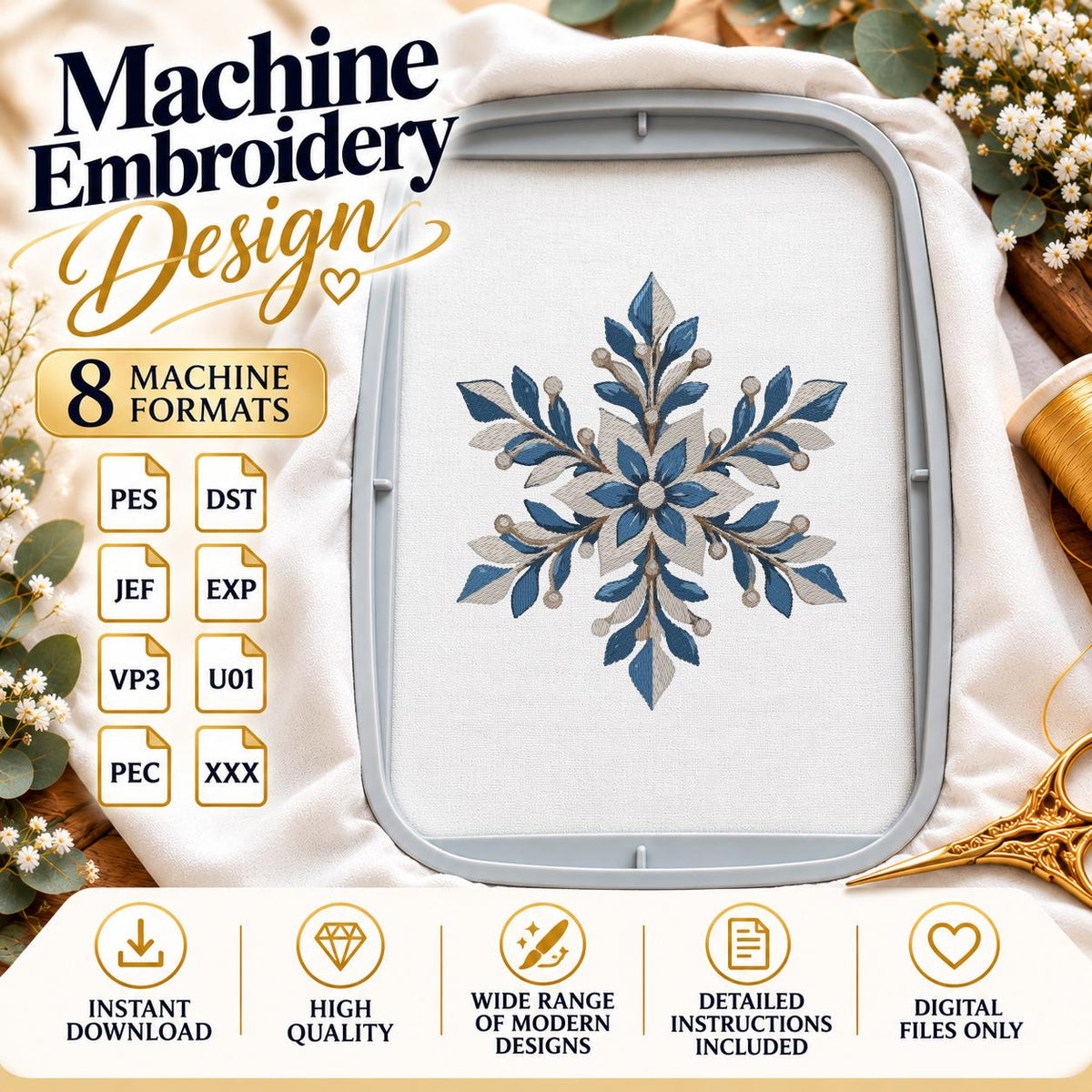 Floral Snowflake Machine Embroidery Design, Blue Christmas Snowflake, Winter PES DST JEF Embroidery File, Instant Download - NuttyHappyHobby