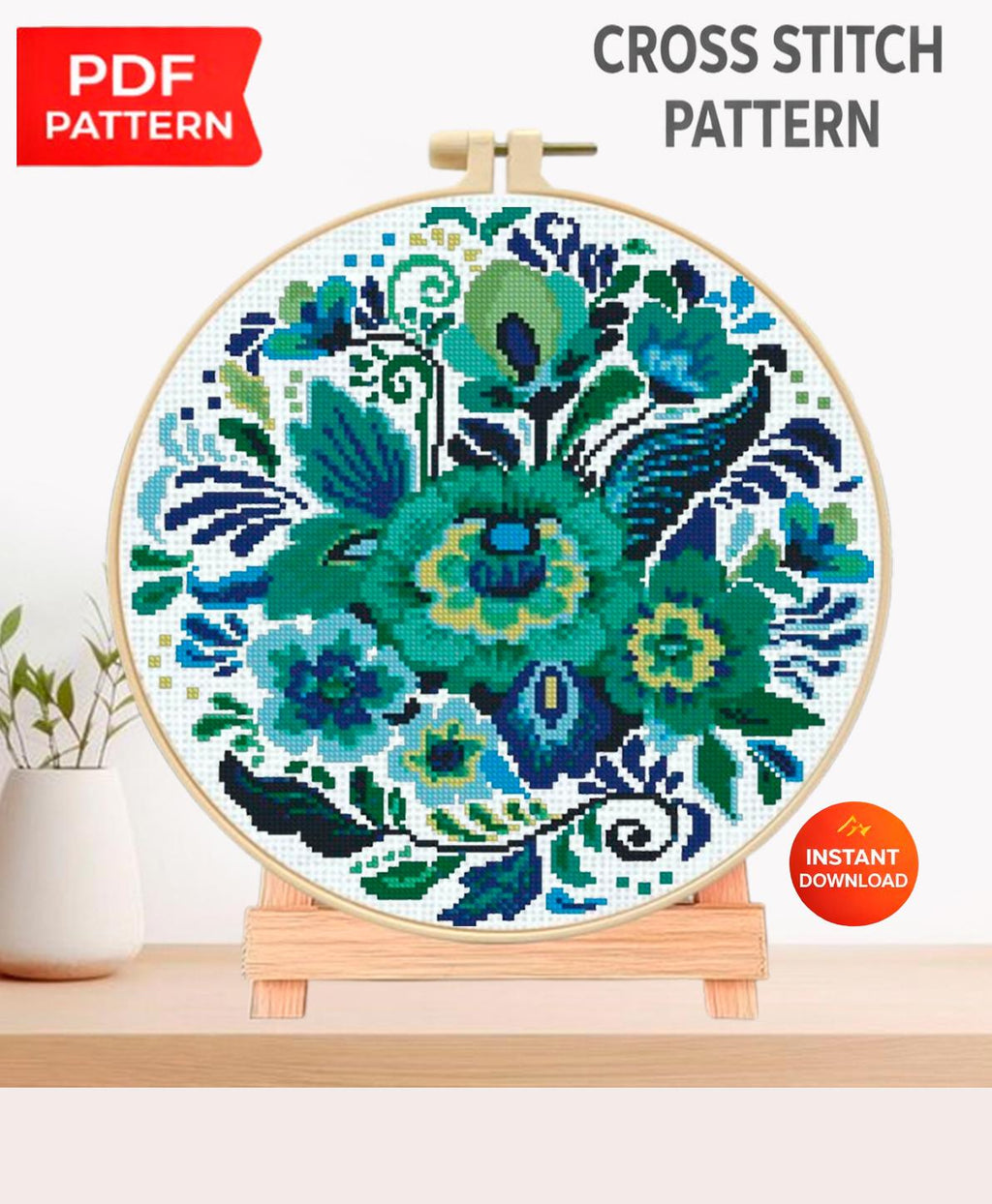 Folk Floral Cross Stitch Pattern PDF, Blue Green Botanical Flowers, Round Hoop Modern Embroidery Chart, Instant Download Needlepoint - NuttyHappyHobby